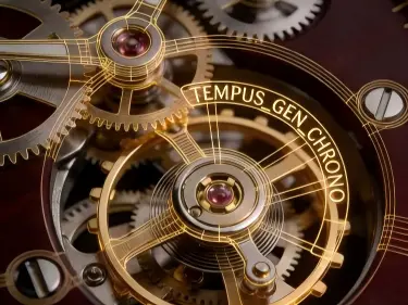 Close-up view of golden mechanical watch gears and clockwork machinery with an augmented reality golden wireframe overlay and the text TEMPUS_GEN_CHRONO written on a gear ring.