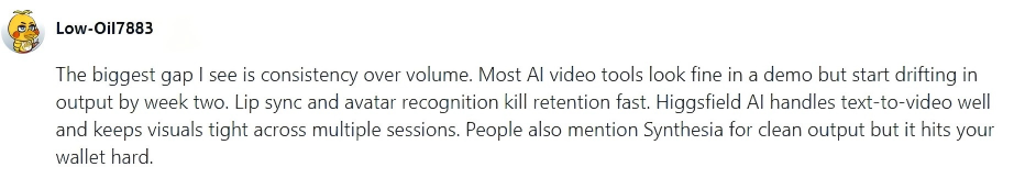 Reddit comment by Low-Oil7883 discussing output consistency and pricing in AI video tools.