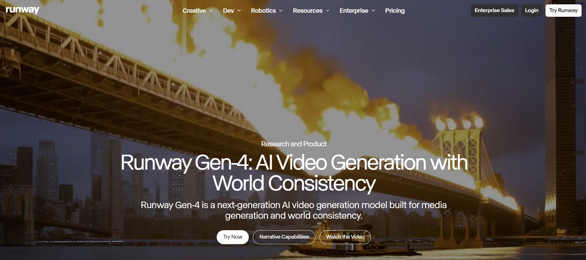 Runway Gen-4 landing page with the slogan 'AI Video Generation with World Consistency'.