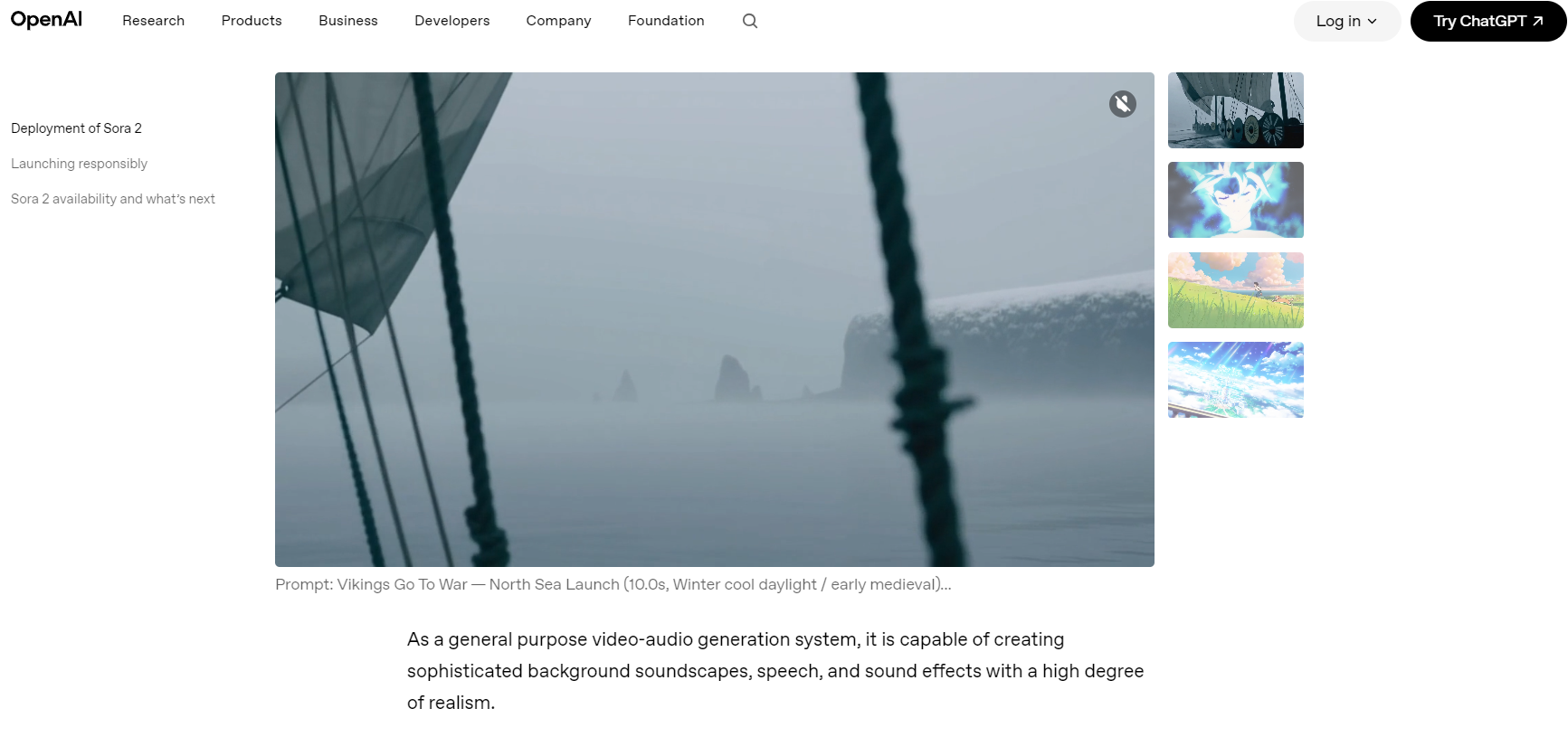 OpenAI Sora 2 website displaying a realistic viking ship video generation demo.