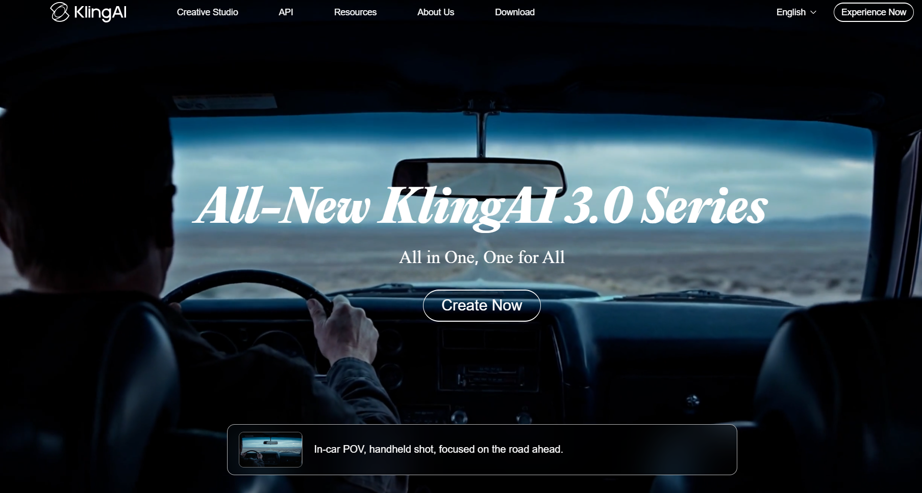 Kling AI 3.0 website landing page showing a driving POV video generation sample.