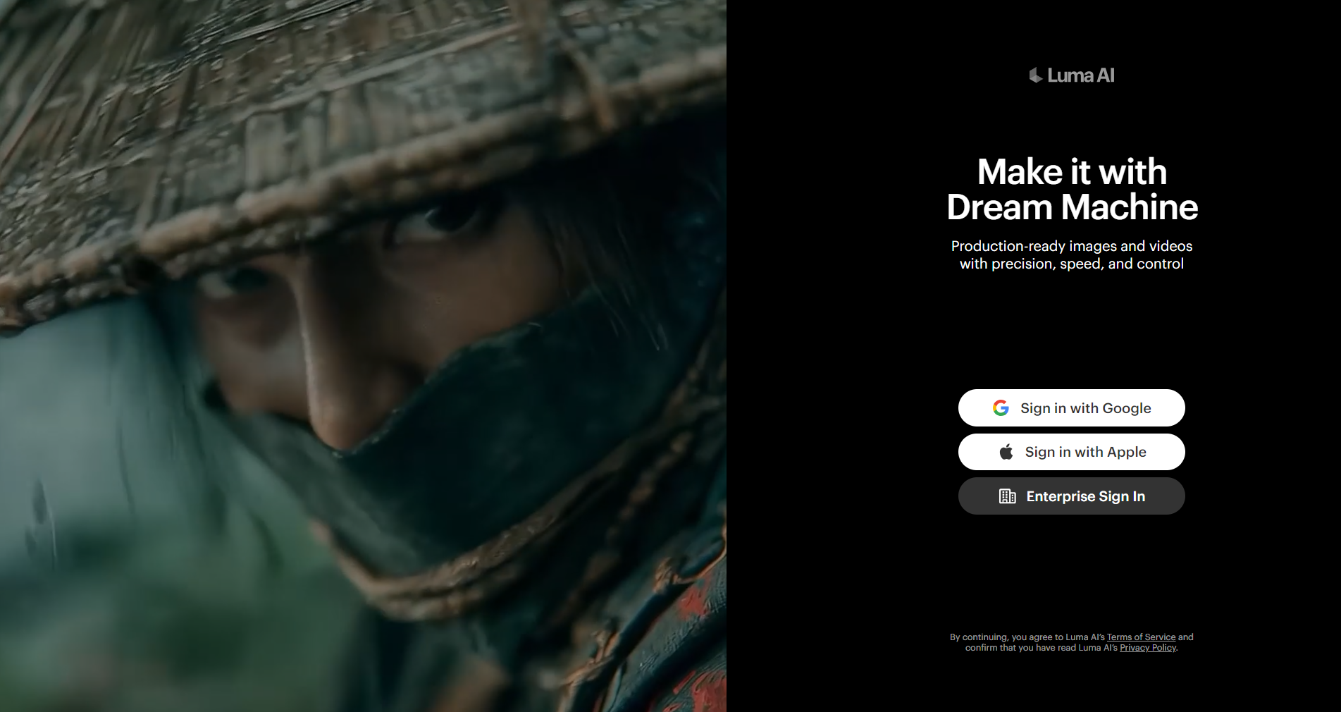 Luma AI Dream Machine sign-in screen featuring a cinematic samurai character.