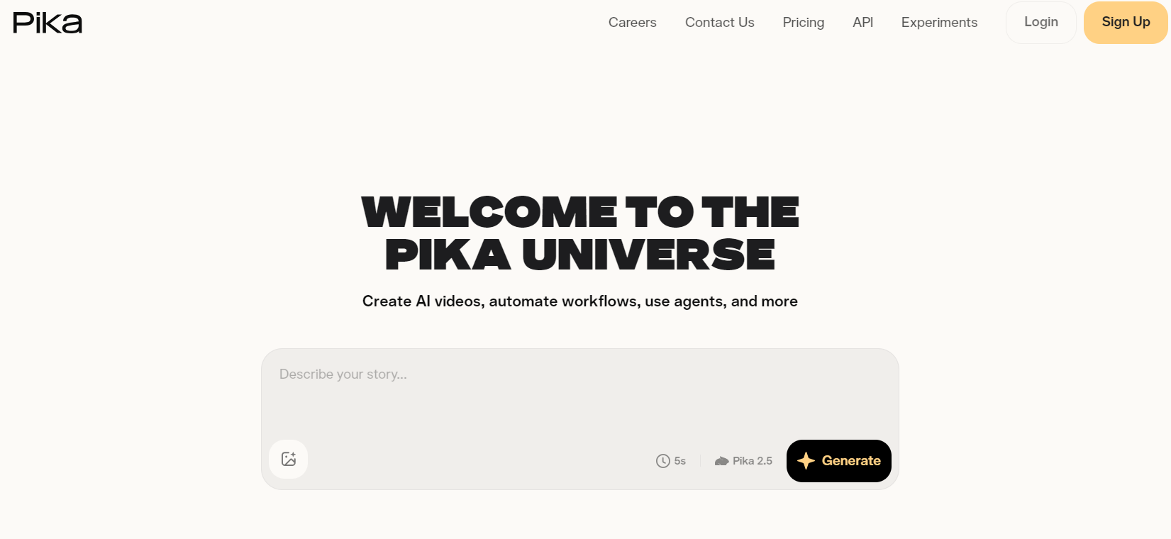 Pika 2.5 video creation interface displaying the slogan 'Welcome to the Pika Universe'.