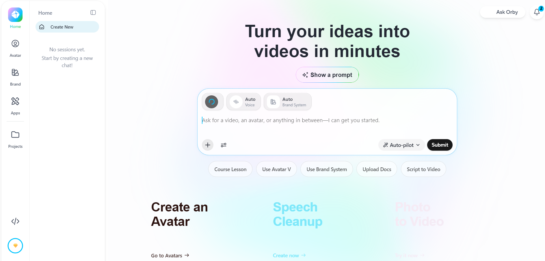 HeyGen video generation dashboard featuring virtual avatar creation and brand options.
