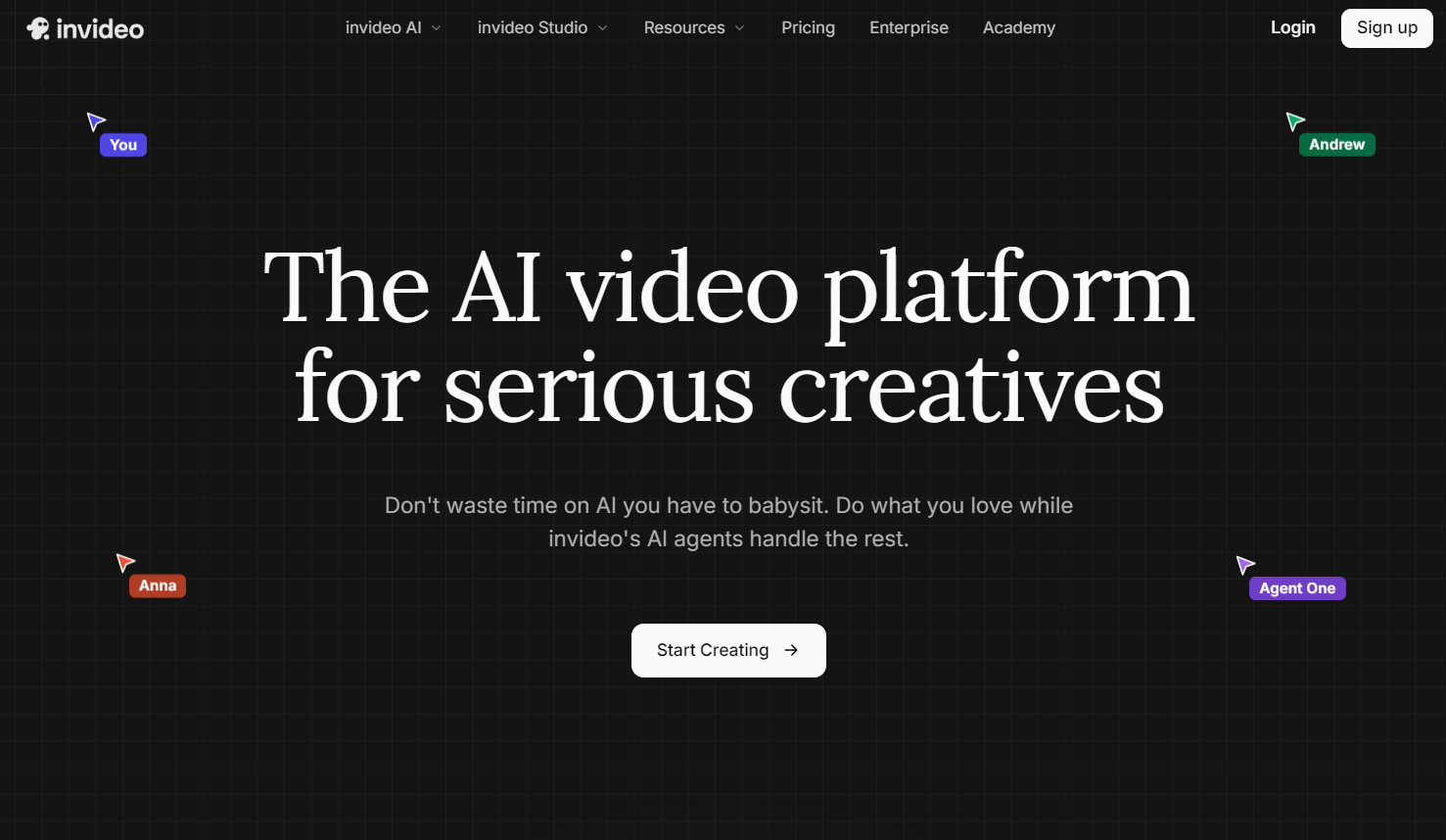 InVideo AI website landing page with the text 'The AI video platform for serious creatives'