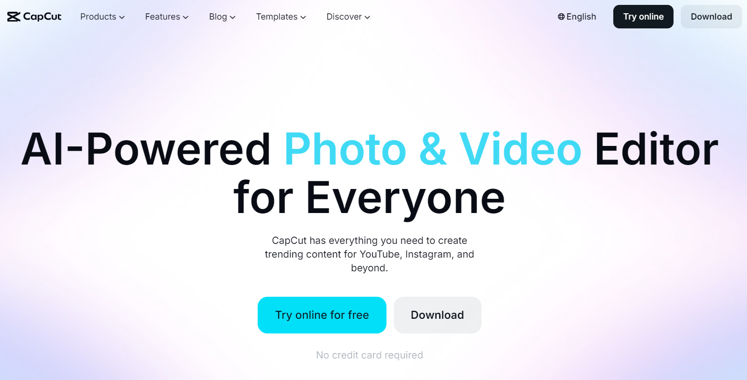 CapCut website homepage showing AI-powered photo and video editor features.