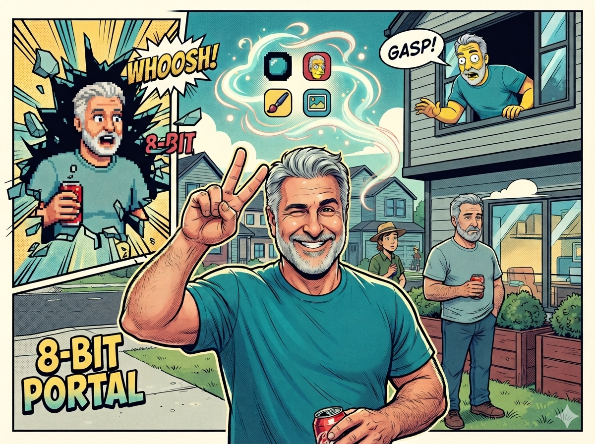 A dynamic comic-strip style collage illustrating AIAI.com's image-to-image capabilities, showcasing a middle-aged man transformed into retro 8-bit pixel art and yellow cartoon animation styles.
