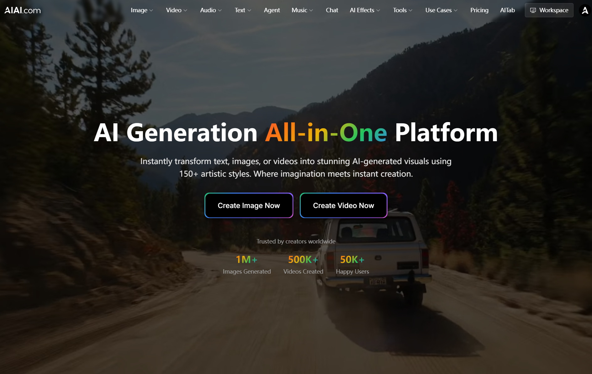 AIAI.com,which is one of the Best AI Platforms Industrial Engineering,all-in-one AI generation platform home page featuring options to create AI images and videos
