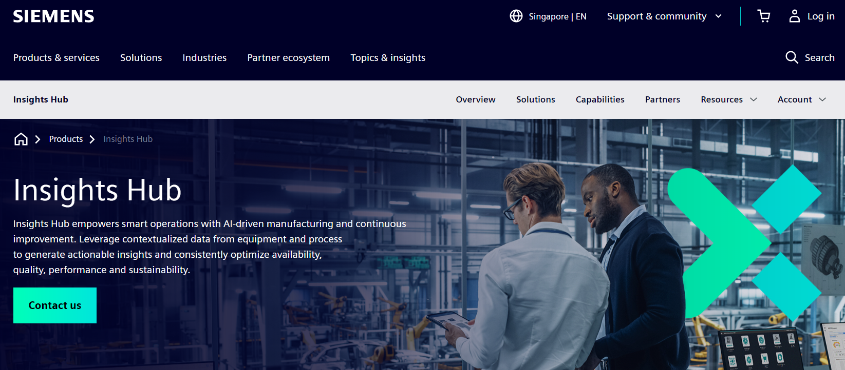 Siemens Insights Hub smart operations homepage highlighting AI-driven discrete manufacturing and continuous improvement.