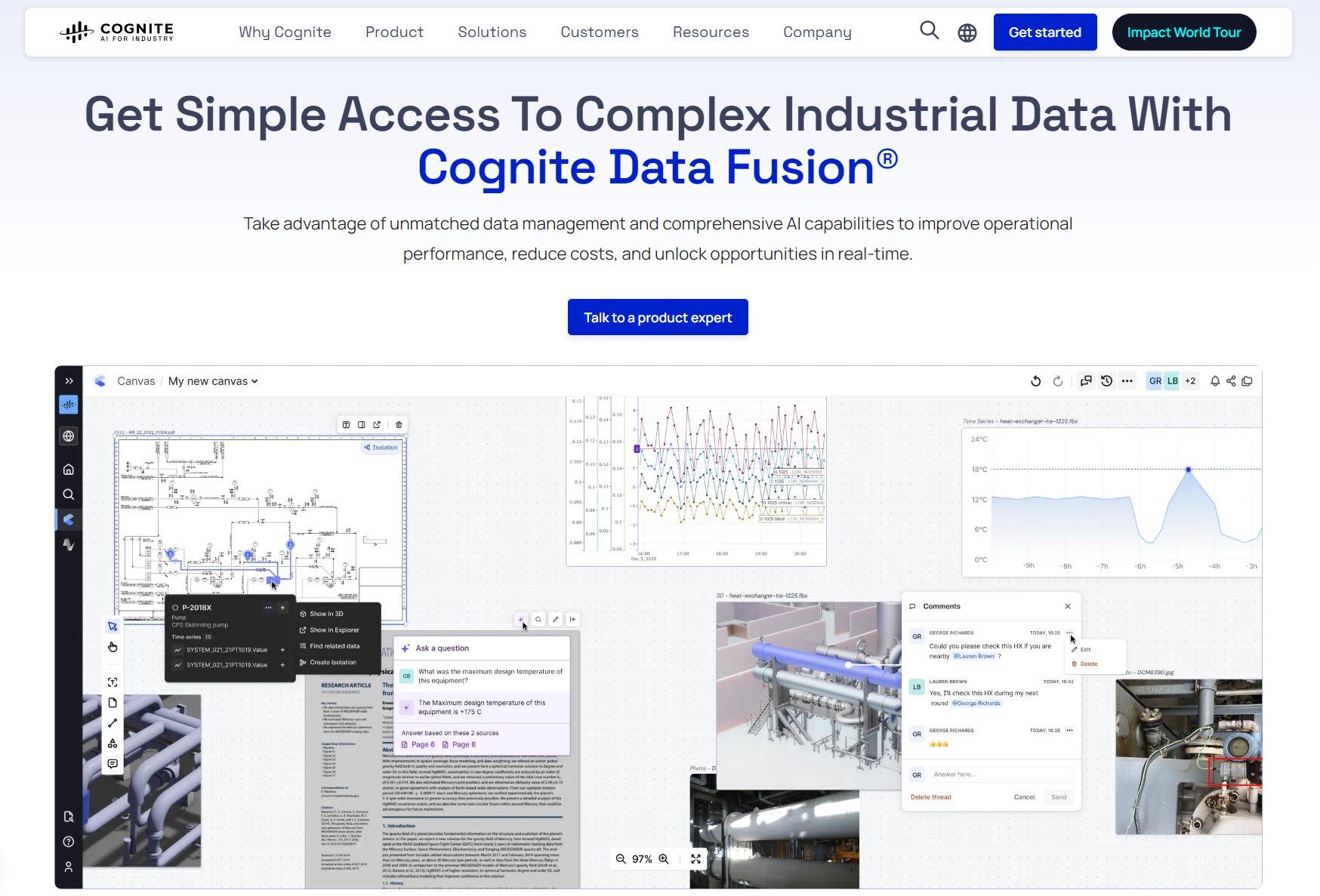 Cognite Data Fusion home page and canvas interface showing complex industrial data management pipelines.