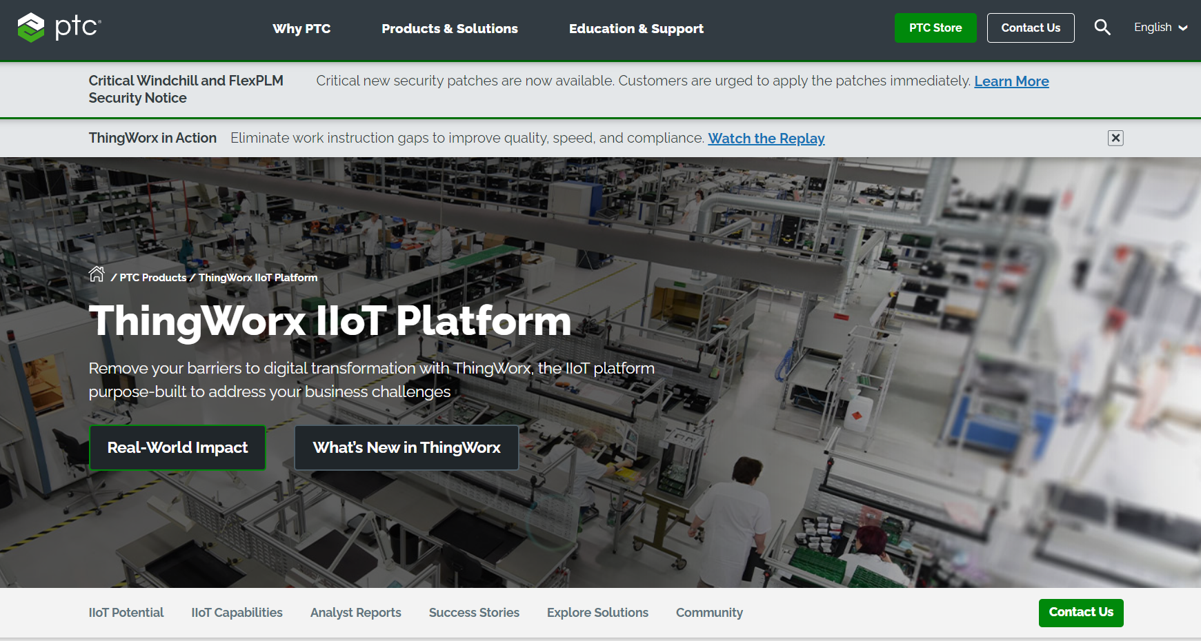 PTC ThingWorx IIoT platform product page showing plant floor operational integration with Windchill PLM.