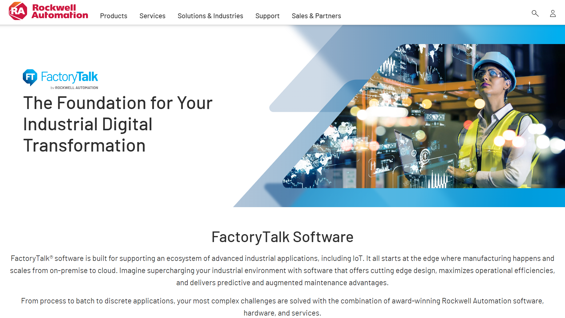 Rockwell Automation FactoryTalk software home page displaying industrial digital transformation banner.