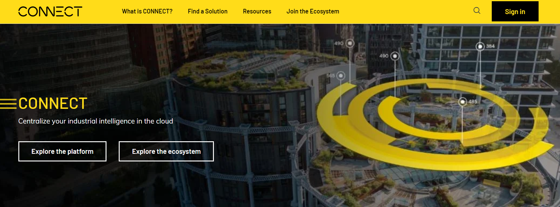 AVEVA CONNECT cloud industrial intelligence platform homepage showing digital twin centralizing options.