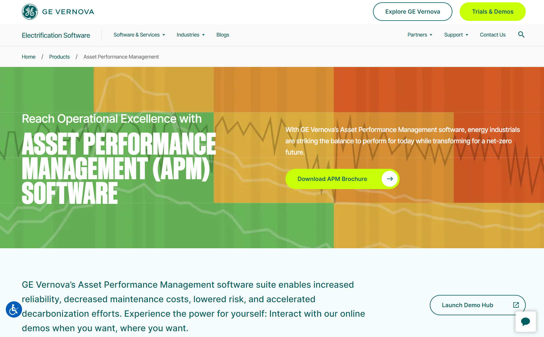 Homepage of GE Vernova Asset Performance Management APM software suite showing electrification software and trial links.