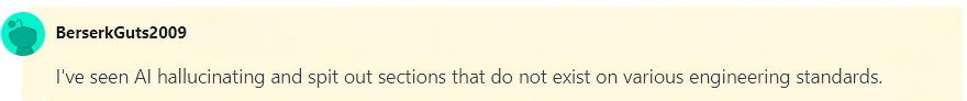 Reddit comment by BerserkGuts2009 warning about AI hallucinating specifications that do not exist on engineering standards.