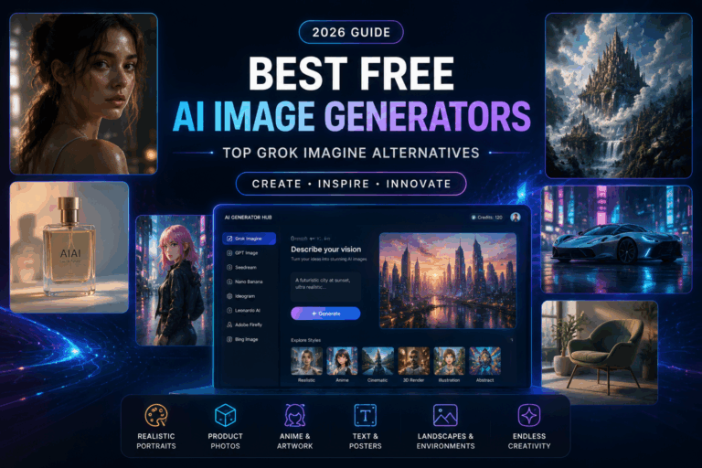 Best free AI image generators in 2026 featuring Grok Imagine alternatives and AI-generated portraits, artwork, products, and landscapes.