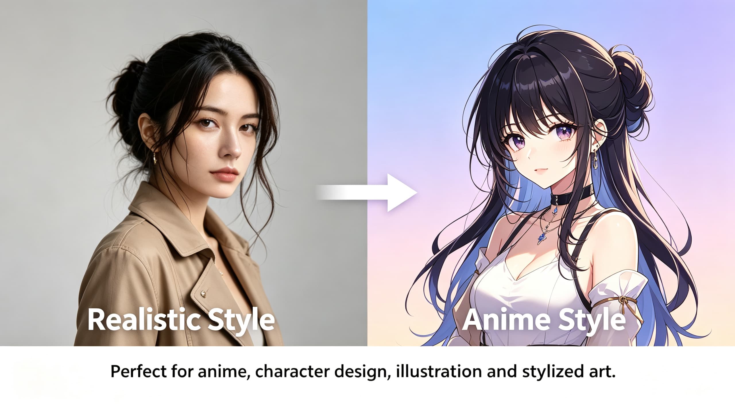 Stylized AI artwork comparison showing realistic portrait transformed into anime character using Nano Banana Pro