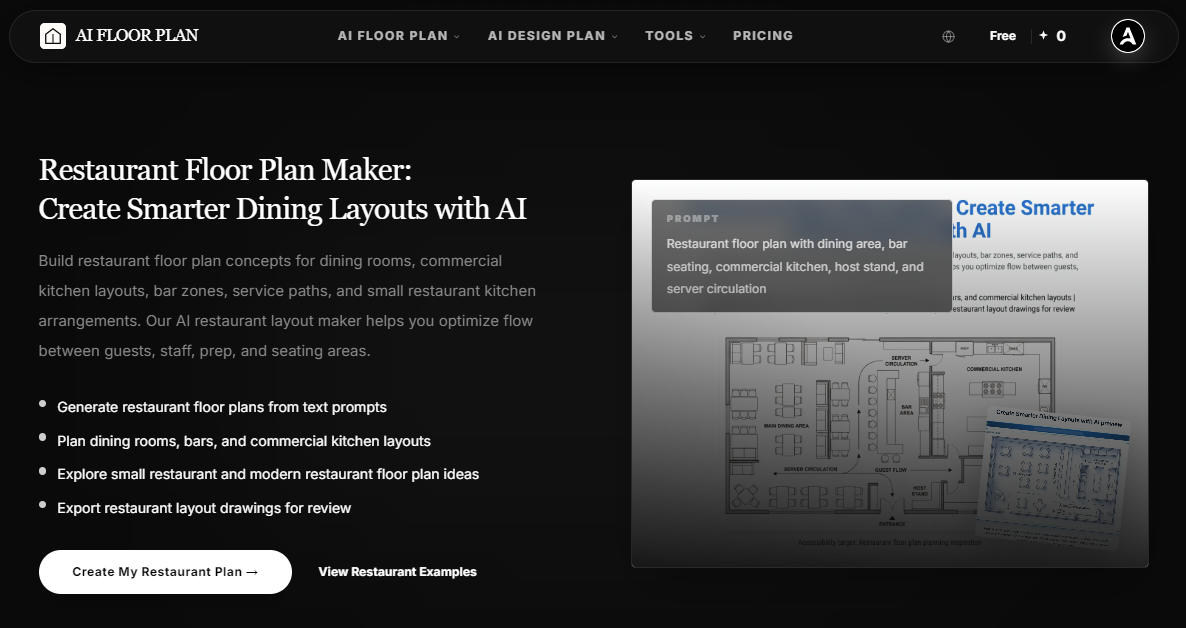 AIAI.com's restaurant floor plan generator interface showing parametric input fields and a 3D isometric dining layout.