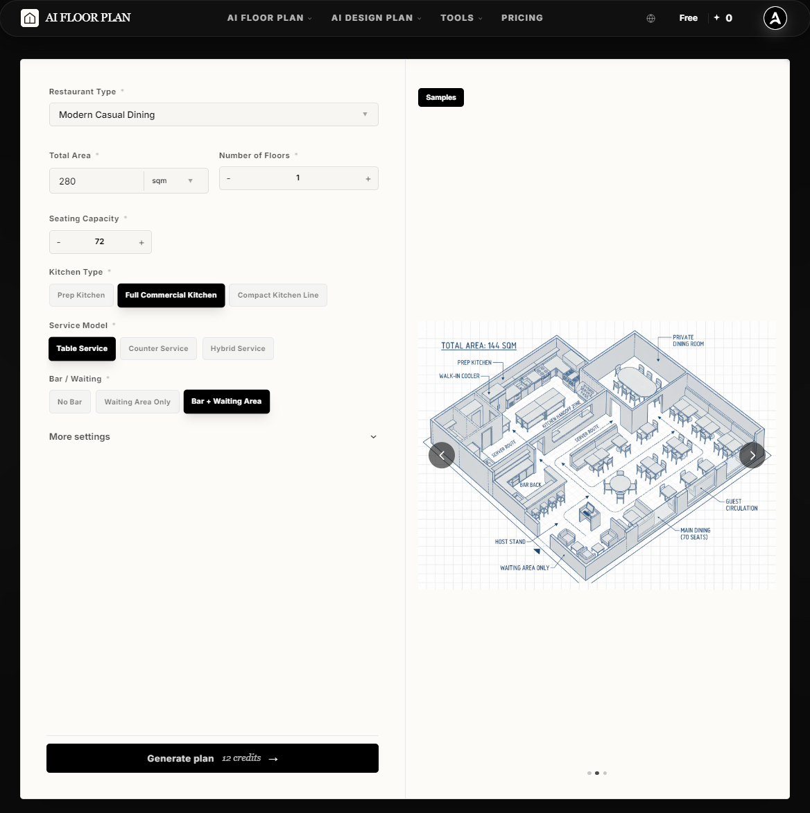 AIAI.com AI Restaurant Floor Plan Maker interface showing text prompt features and 2D floor plan drafts.