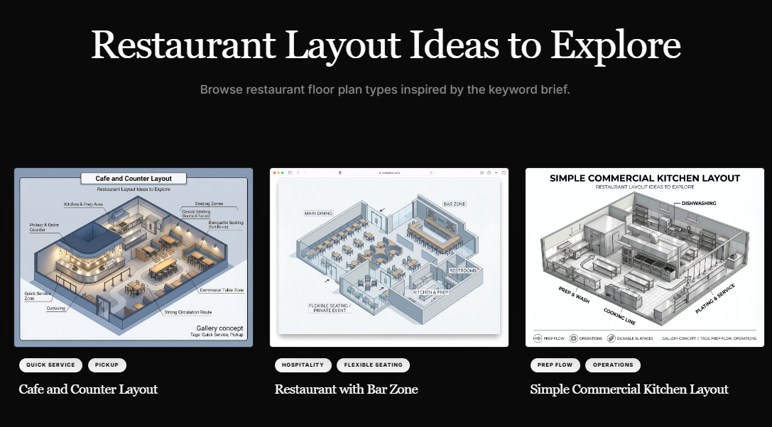 Three AI-generated restaurant floor plan layout examples showing a cafe counter, bar zone, and commercial kitchen setup.