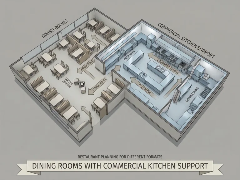 3D isometric restaurant dining room and commercial kitchen floor plan showing server routes, prep zones, and dishwashing areas.