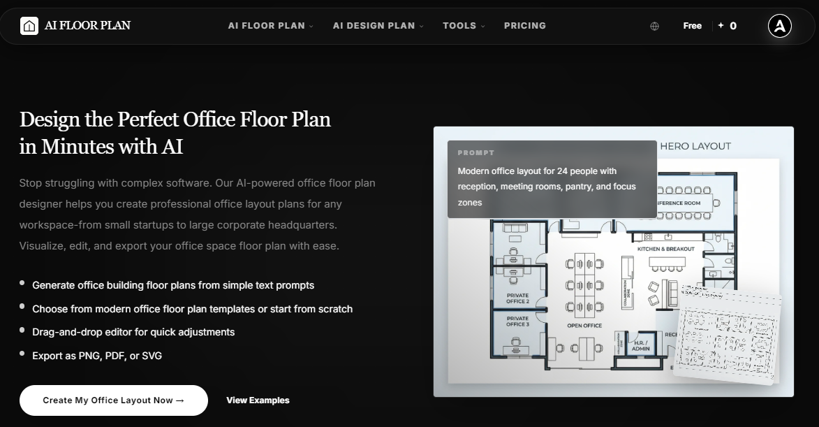 AIAI.com AI office floor plan maker hero banner demonstrating text-to-layout prompt generation and blueprint export options.
