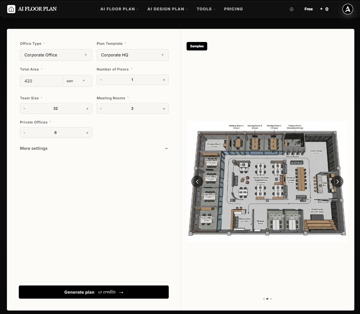AIAI.com AI floor plan generator interface showing total area, team size, and private office parameters for automated 3D layout generation.