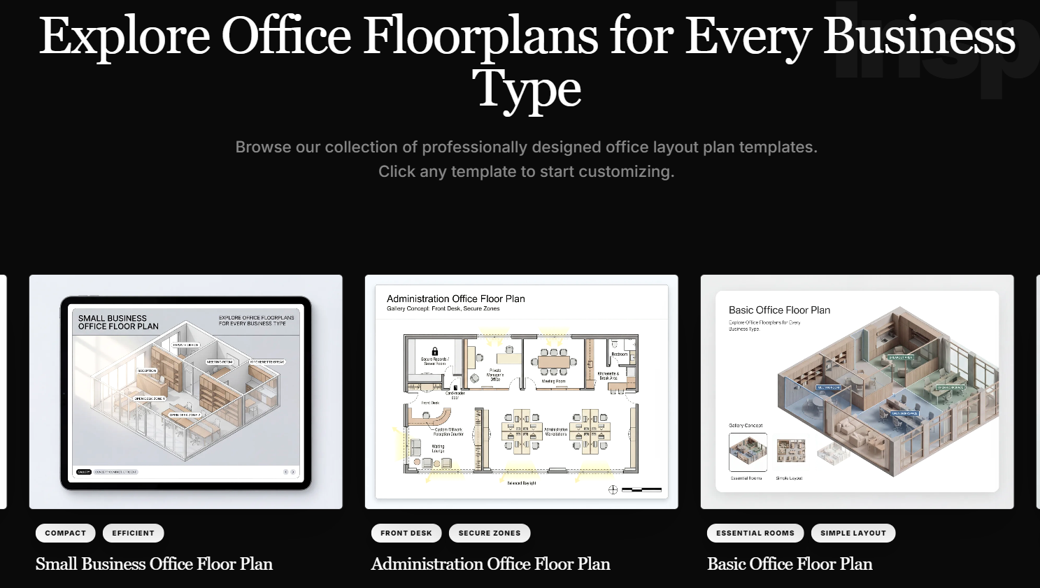 A collection of pre-designed small business office floor plan templates for corporate, administrative, and basic workspaces.