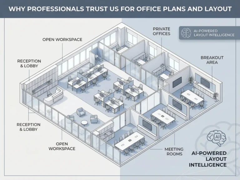 Isometric 3D layout diagram of a modern office floor plan showing open workspace, private offices, meeting rooms, and reception.