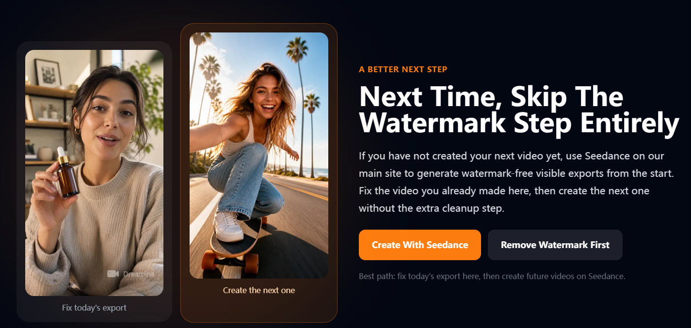 Workflow comparison of cleaning current Dreamina exports with AIAI watermark remover versus creating watermark-free videos on Seedance.