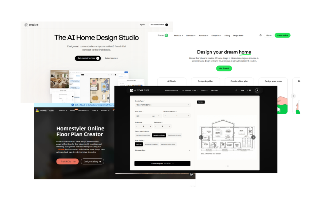 Screenshot comparing Barndominium Floor Plan options across multiple platforms