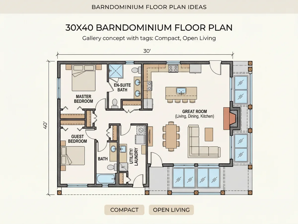 Architectural barndominium floor plan layout with room dimensions.