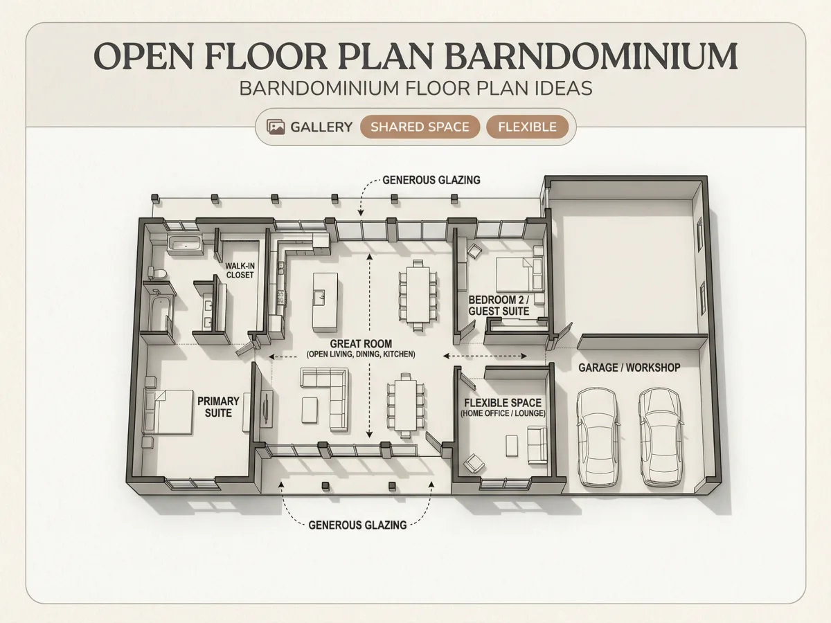 Spacious barndominium floor plan with a covered porch and garage.