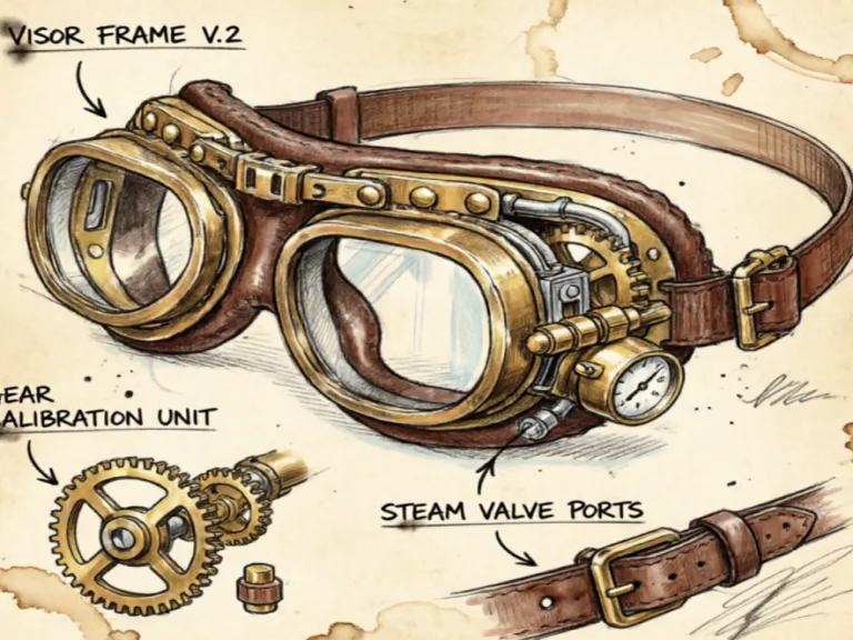 Vintage steampunk diving mask technical drawing generated by AI with part callouts and valve annotations.