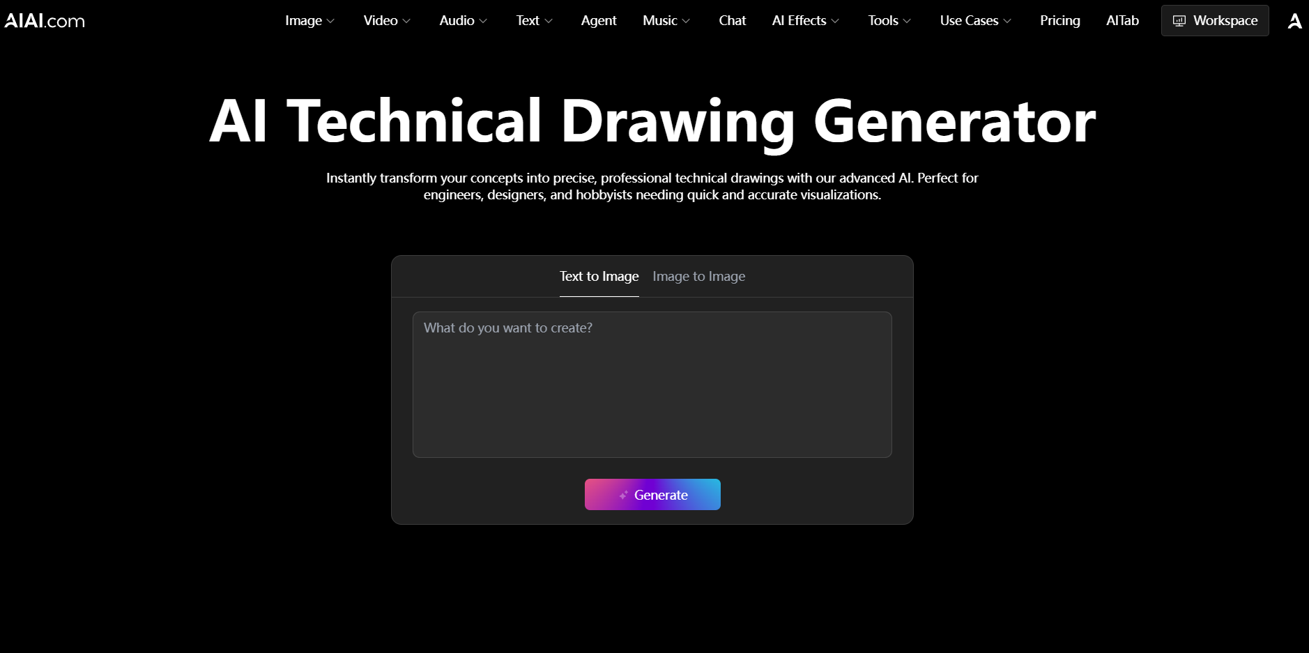 AIAI.com free online AI technical drawing generator user interface with text-to-image and image-to-image options.