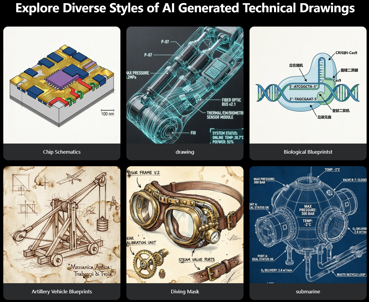 Showcase of diverse AI technical drawing styles including semiconductor chip schematics, CRISPR biology diagrams, and submarine blueprints.