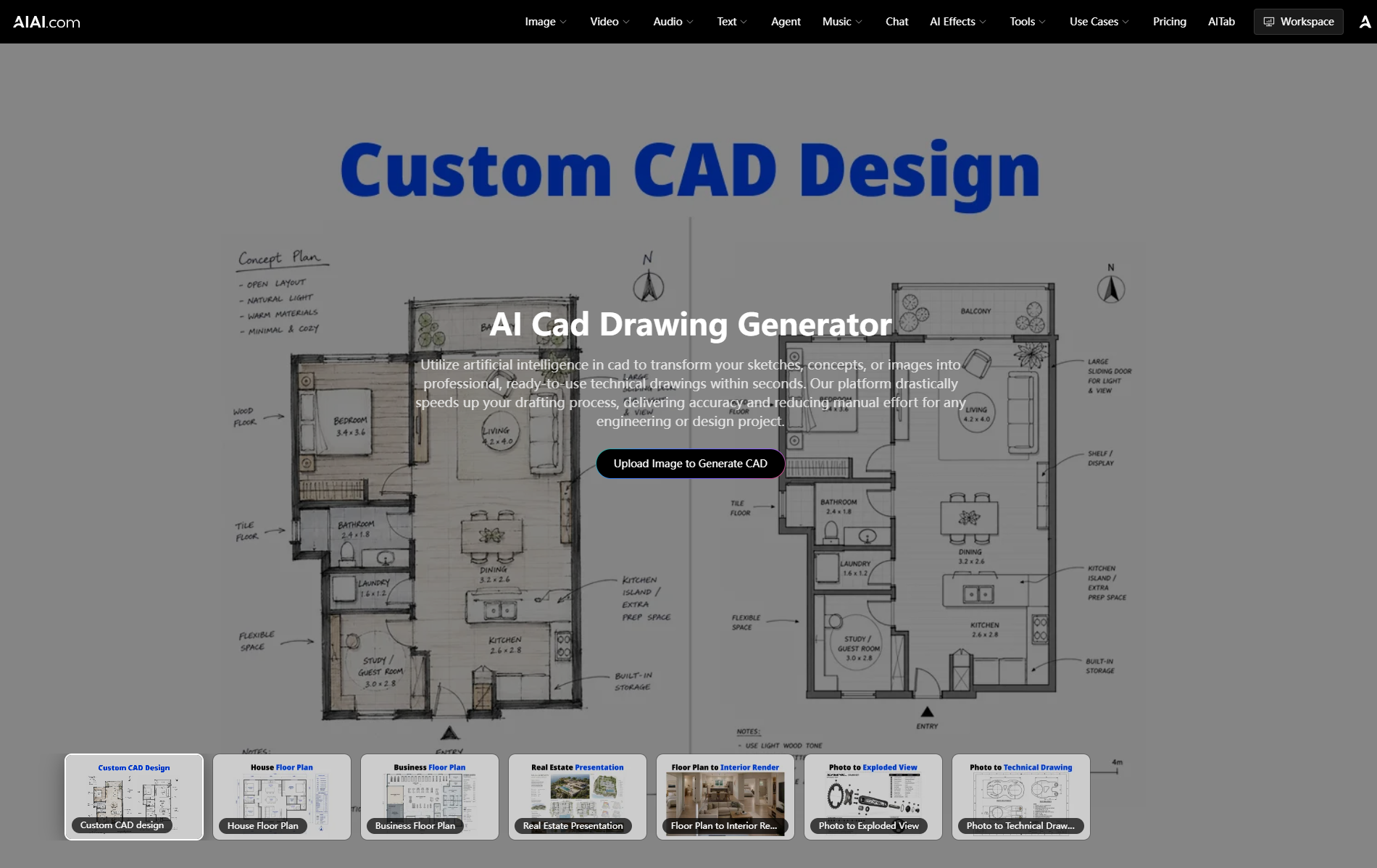 AIAI.com AI CAD drawing generator free homepage interface transforming concept floor plan sketches into 2D architectural blueprints.
