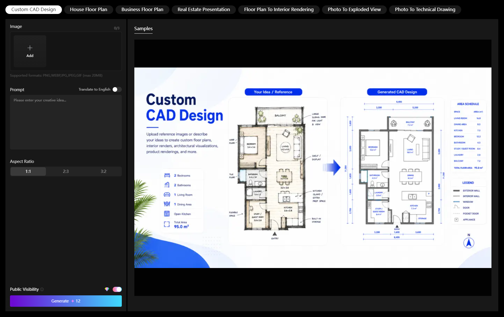 AIAI.com free online AI CAD generator workspace showing image upload, prompt box, and custom floor plan with area schedule.