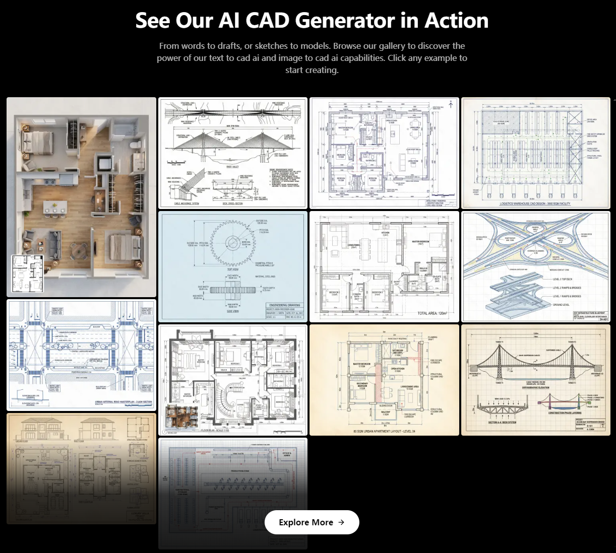 Gallery of architectural floor plans, mechanical components, and civil engineering drawings generated with AI CAD software.