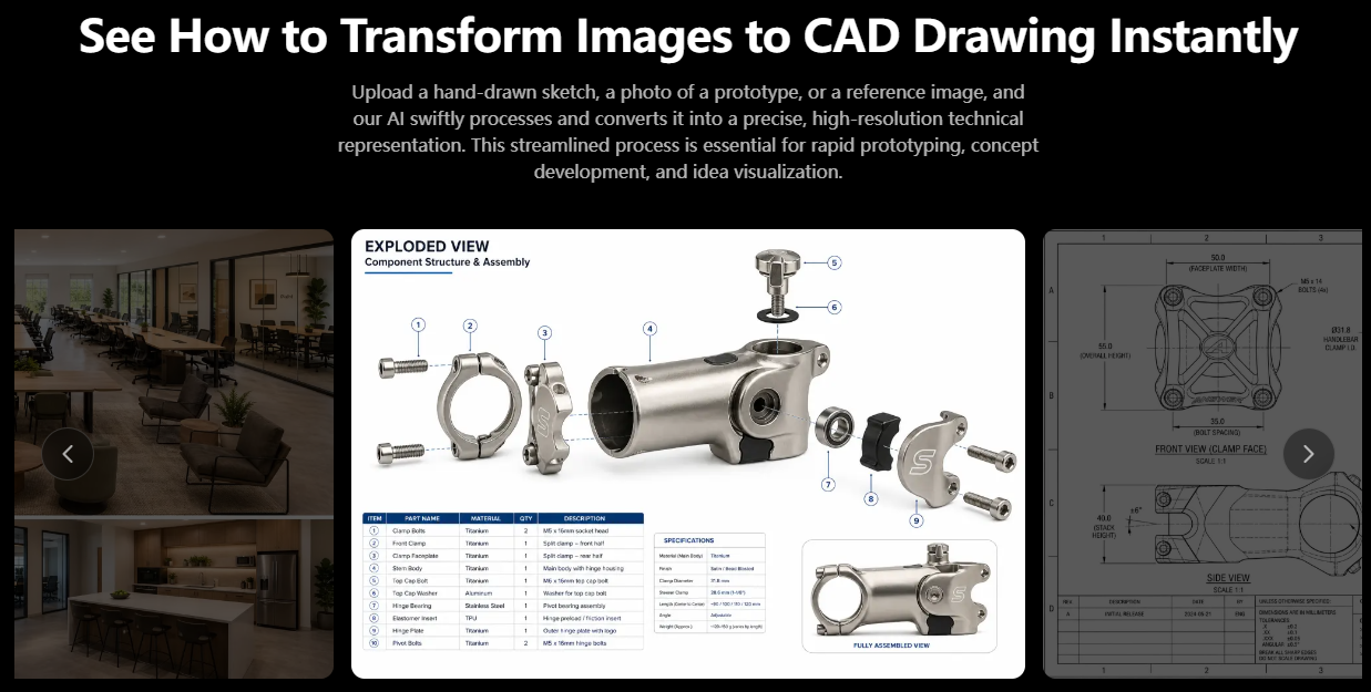Image to CAD AI generator converting physical prototype photos into mechanical exploded views and orthographic technical drawings