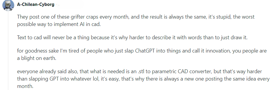 Reddit discussion highlighting engineer skepticism toward text to CAD tools and generic AI wrappers.