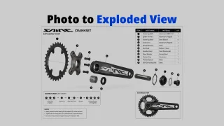AIAI.com Photo to Exploded View feature generating a detailed bicycle crankset assembly blueprint with numbered parts list