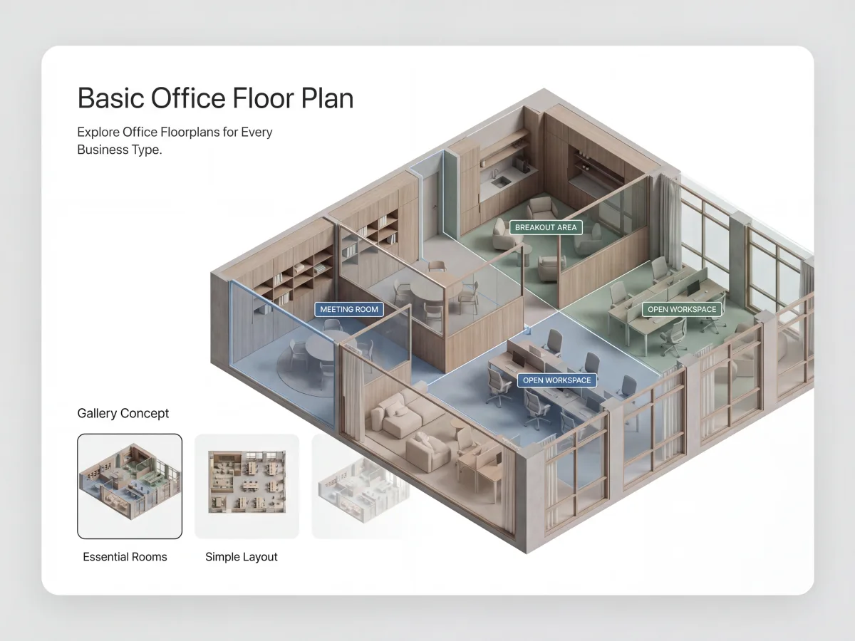 3D modern office floor plan layout with meeting rooms, breakout lounge, and open workspaces generated on AIAI.com.