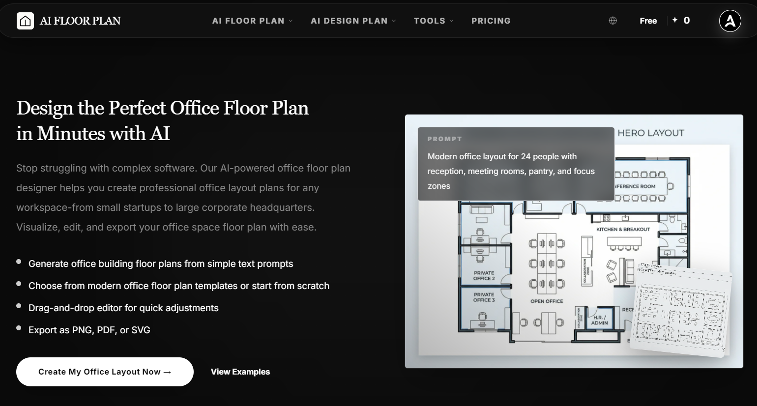 AIAI.com free office floor plan maker dashboard demonstrating text prompt generation and 2D office layout blueprints.