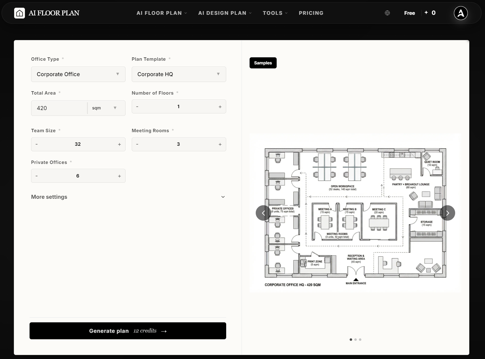 AIAI.com customization panel generating a scaled office floor plan with dimensions, desk allocations, and meeting rooms
.