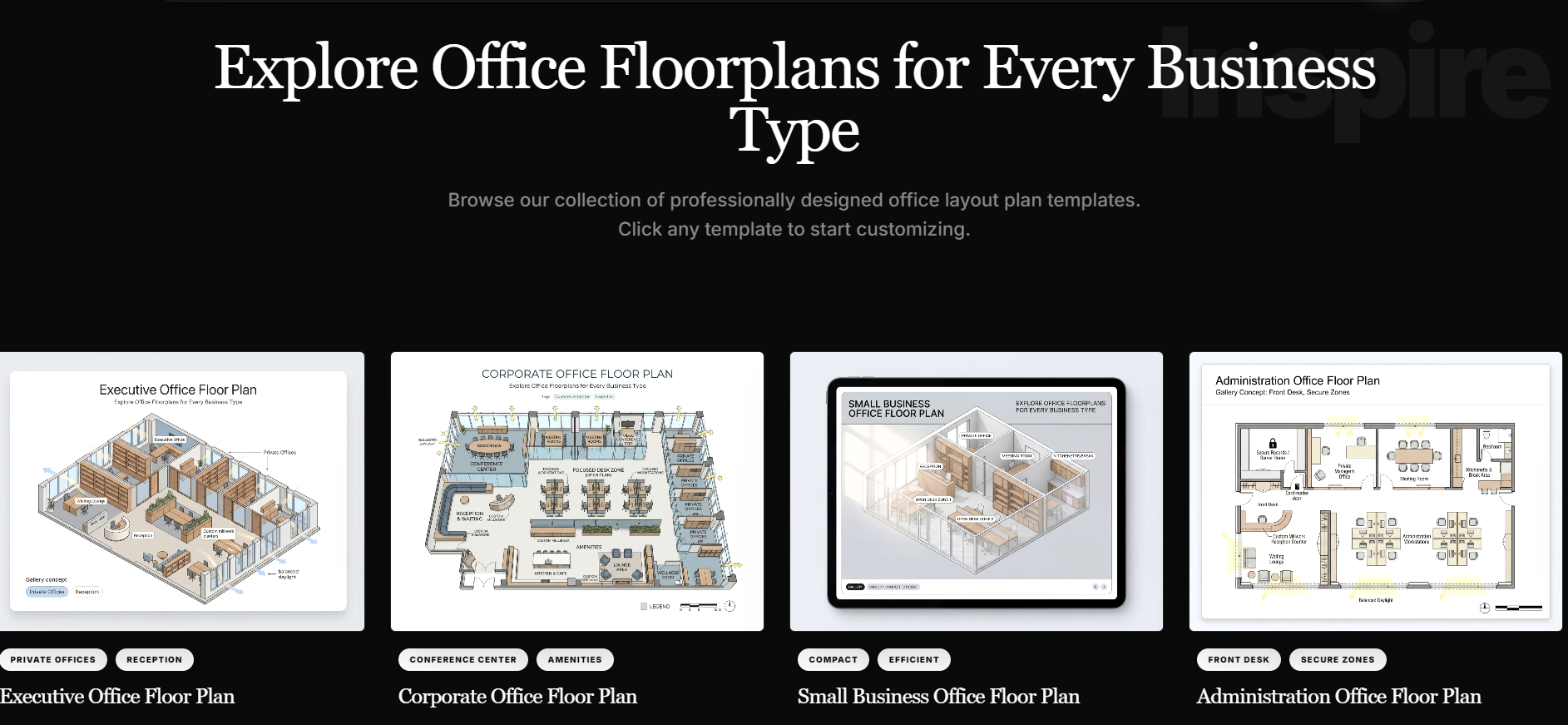 Collection of free office floor plan templates including small business, corporate, and executive layouts on AIAI.com.