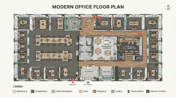 Office Floor Plan with desks, meeting rooms, and common areas
