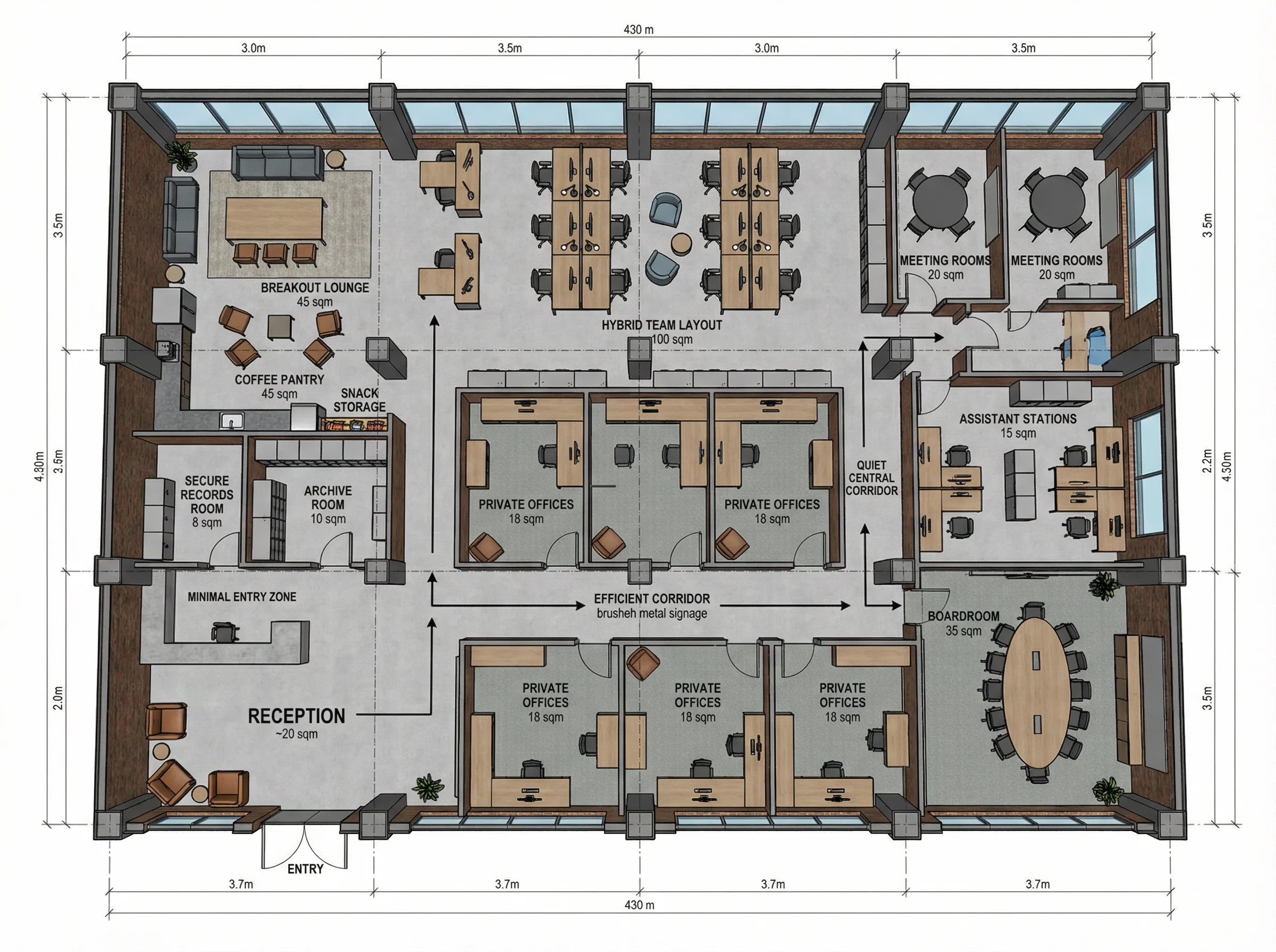 modern Office Floor Plan illustrating furniture and workspace arrangement
