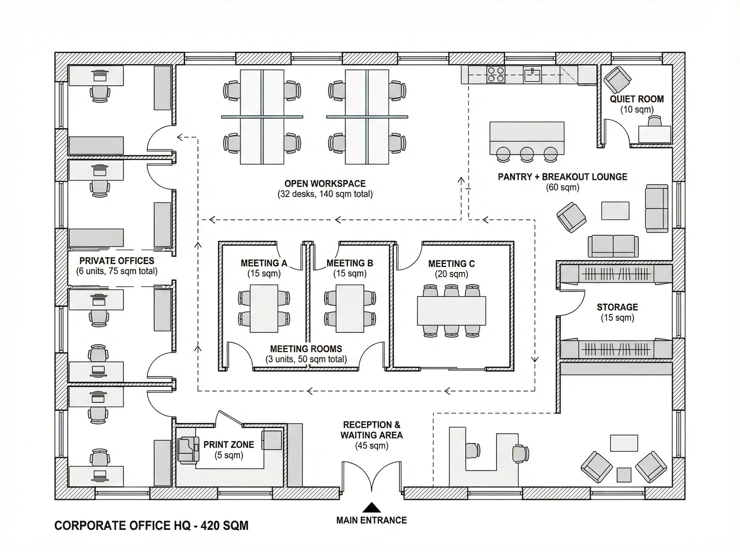 Office Floor Plan showing desks, workstations, and meeting rooms