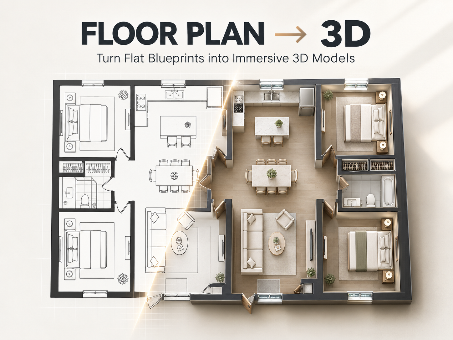 Floor plan to 3D conversion showing a blueprint transformed into an immersive 3D model